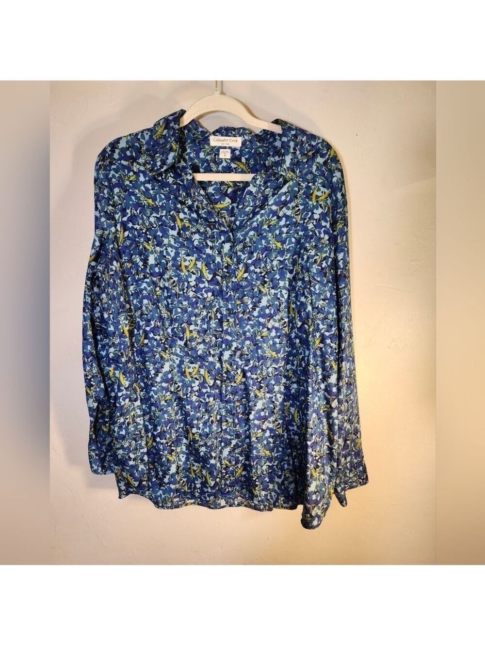 Coldwater Creek No Iron Blue‎ and Yellow Floral Blouse Sz 18/1X